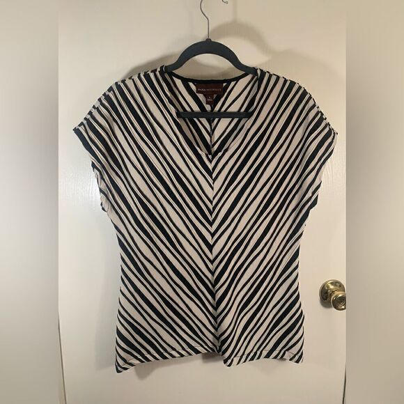 Dana Buchanan EUC beige/black v-neck striped short sleeve textured blouse Size L - Picture 1 of 5